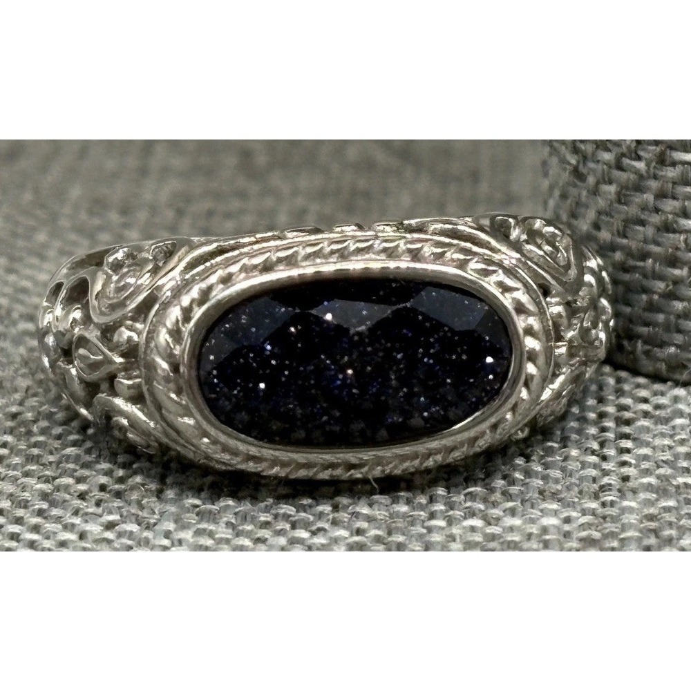 Boho Silver Tone Blue Faux Goldstone Glitter Ring Bali Style Filigree Size 8